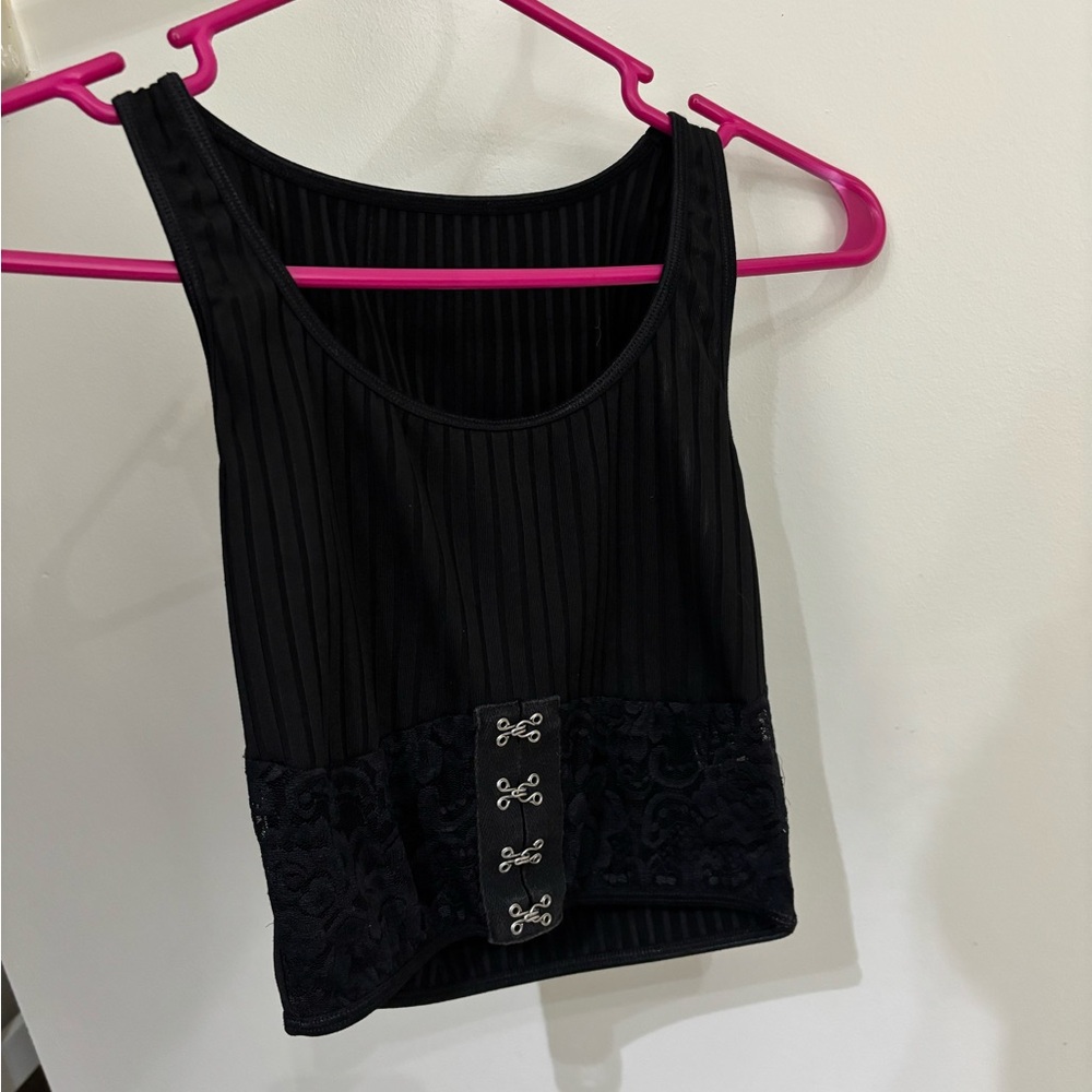 SHEIN Black Ribbed Crop Top with Lace and Hook Details